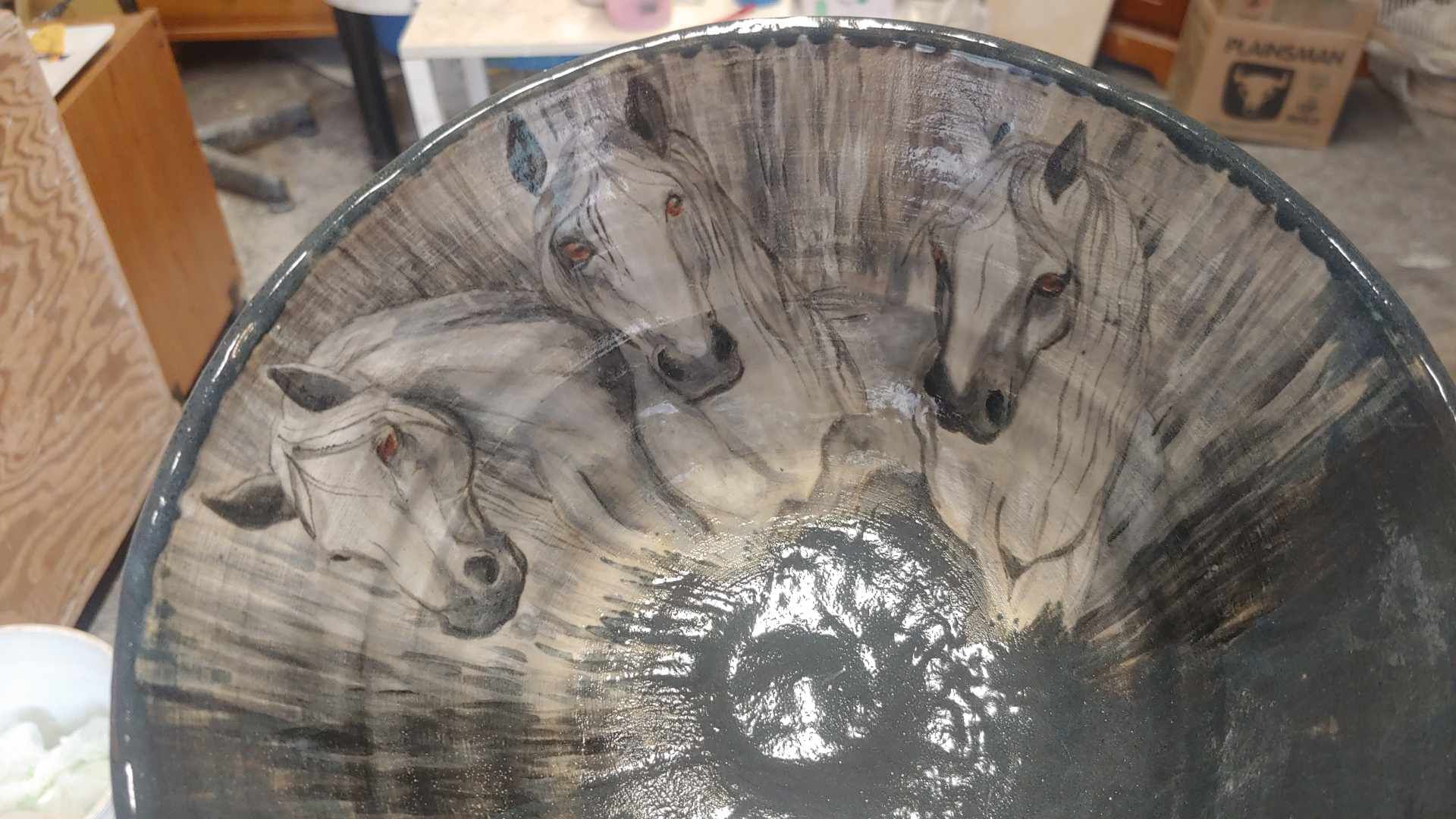 Beautiful bowl with handpainted horses in black and white, by Bev